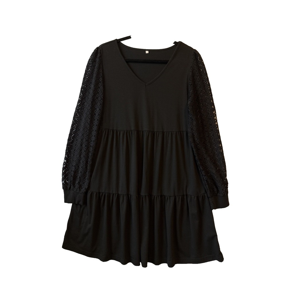 Black Sheer Lace Long Balloon Sleeve Babydoll Tiered Dress L‎ Pockets Whimsigoth